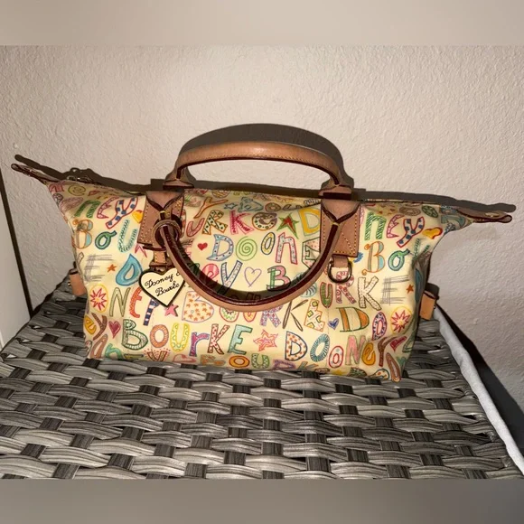 Dooney & Bourke Alphabet Print Satchel Cream Multicolor Leather Trim - Picture 13 of 16